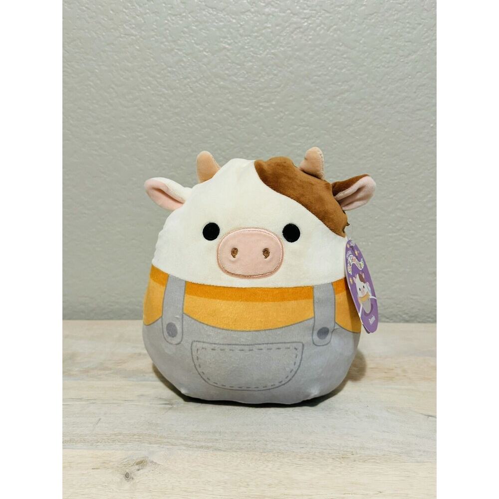New HTF Squishmallow 8” Ronnie The Brown Cow Bull Farmer Overalls Plush 2023
